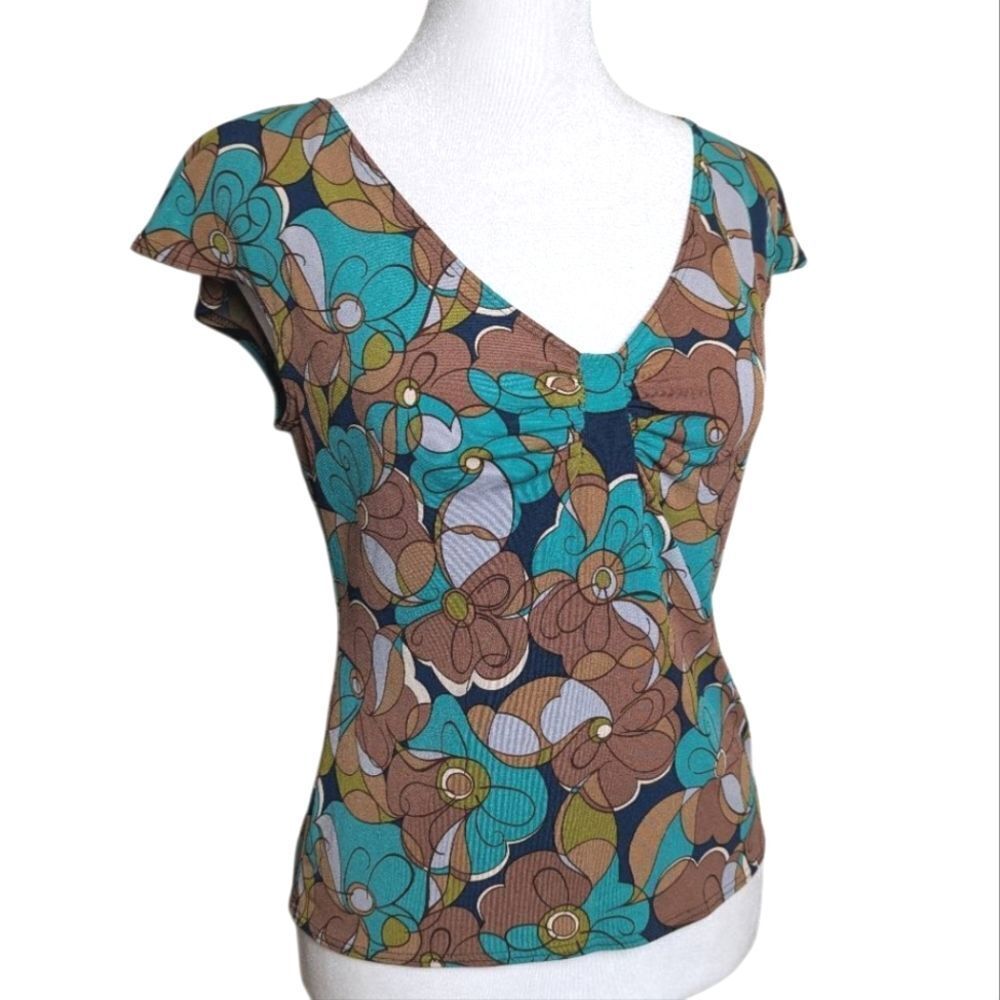 Vintage Max Studio Slinky Brown & Teal Mod Floral V-Neck Cap Sleeve Top S